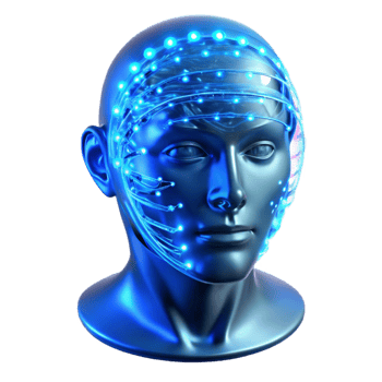 stunning contemporary A transparent human head filled with swirling binary code, illuminated from within by a cool, electric blue light, abstract art style professional png
