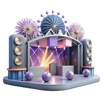 impressive artistic Large Concert Stage with Fireworks Cutout for Grand Events high quality png