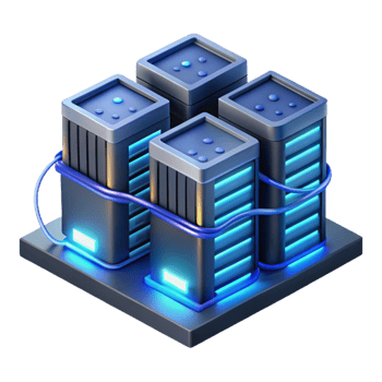 wonderful classic A futuristic data center with rows of servers and glowing cables, illuminated by cool blue light, isometric style 4K png