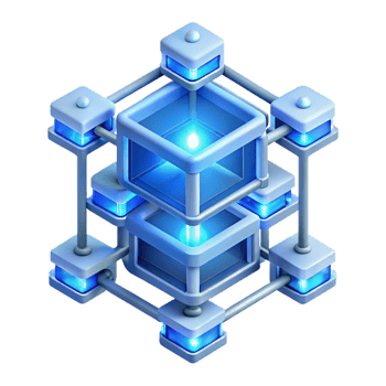 elegant minimalist A network of interconnected servers forming a complex, geometric structure, glowing with internal light, illuminated by soft blue light, isometric style 4K png