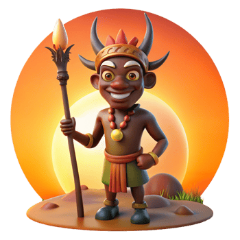 impressive artistic A cunning Yoruba trickster god Eshu, with a long pipe and a mischievous grin, standing at a crossroads bathed in the warm glow of sunset, African tribal art style 4K png