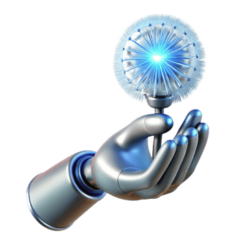 impressive creative A gleaming chrome robotic hand delicately holding a single dandelion seed, illuminated by a soft, ethereal blue light, in a highly detailed, photorealistic style high quality png