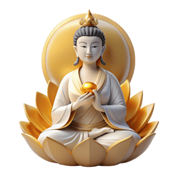 wonderful artistic A serene Buddhist Guanyin, the bodhisattva of compassion, meditating on a lotus flower, surrounded by a halo of golden light, traditional Chinese painting style high quality png
