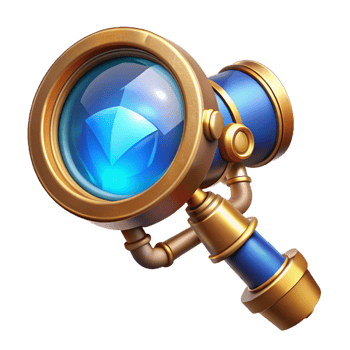dramatic creative A steampunk monocle with a magnifying glass lens, intricate brass frame, and a glowing blue crystal, lit by a focused spotlight in a detailed illustration style exclusive png