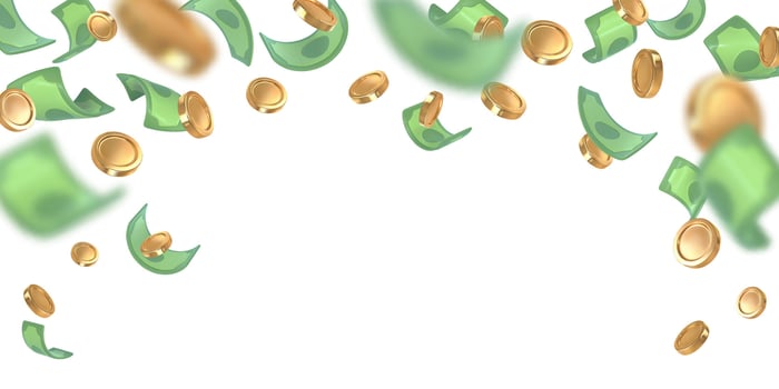 3d dollar notes and gold coins falling. Financial success concept vector