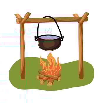 Camping pot on a fire hanging on wooden sticks. Camping equipment for tourism. Isolated illustration on white background. vector