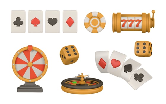 Realistic 3d casino game concept Slot machine, roulette wheel, wheel of fortune, playing cards, poker chips, dice vector