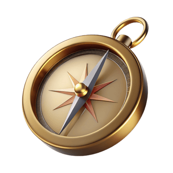 serene modern A compass, pointing north, brass, 4K png