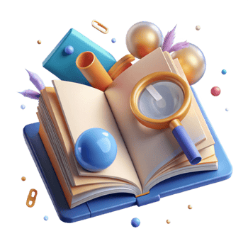 elegant minimalist Open Book with Magnifying Glass and Pen Isolated for Research detailed png