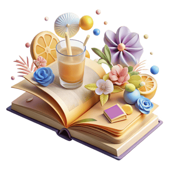 beautiful vintage Open Book with Summer Flowers and Lemonade Isolated for Summer Reading exclusive png
