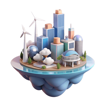 serene minimalist A futuristic city floating among the clouds, powered by wind turbines and solar panels, soft, pastel lighting, utopian style professional png