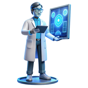 elegant modern A scientist wearing a futuristic lab coat analyzing data on a holographic display, illuminated by cool blue light, scientific illustration style authentic png