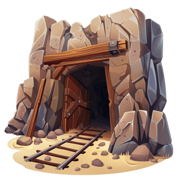 A detailed illustration depicting a mine entrance in a rocky mountain png