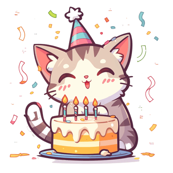 A happy cat is celebrating its birthday with cake and candles png