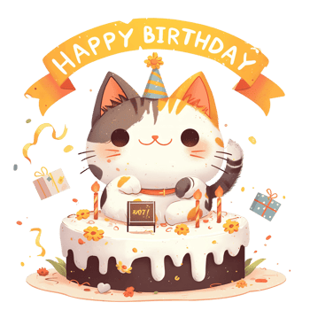 A cute illustrated cat celebrating with a decorated birthday cake png