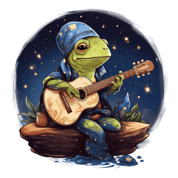 A frog dressed in pajamas plays a guitar at night png