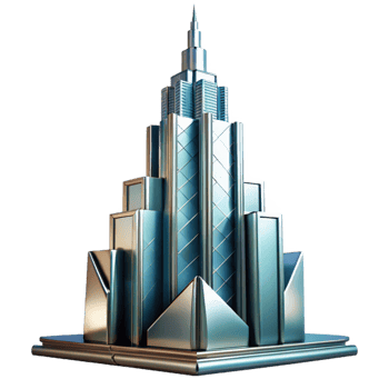 magnificent classic Art Deco skyscraper, chrome and glass, sharp edges, volumetric lighting, high contrast, cinematic angle, high resolution png