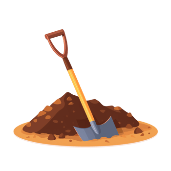 A cartoon depiction of a shovel leaning on a soil pile png