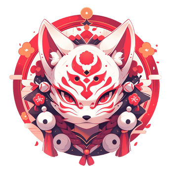 A stylized Japanese fox mask with ornamental red decorations png