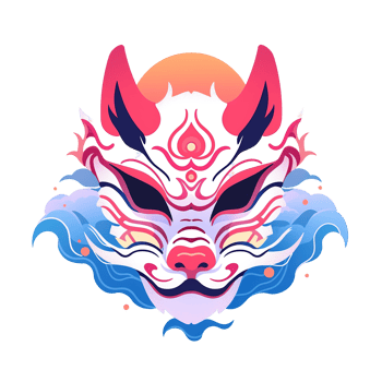 A decorative illustration of a stylized fox mask and a sun png