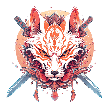 A stylized illustrated fox with swords and ornate design elements png