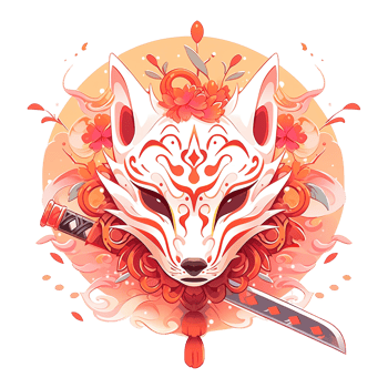 A decorative anime style fox mask with floral and blade elements png