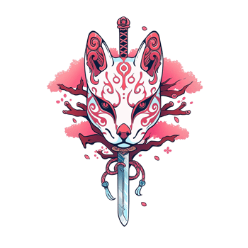 A decorated fox mask with sword and flowering tree in artistic design png