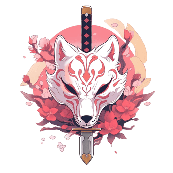 A stylized fox head with a sword and floral elements png