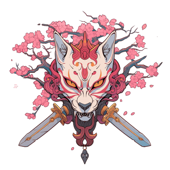 A stylized fox mask with cherry blossoms and crossed swords png
