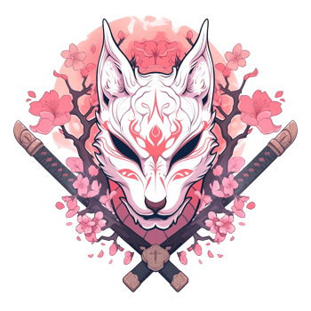 A white stylized fox mask with pink sakura blossoms and swords png