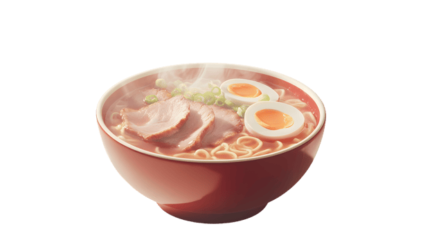 A steaming bowl of ramen with noodles eggs and meat perfect for food photography and culinar png