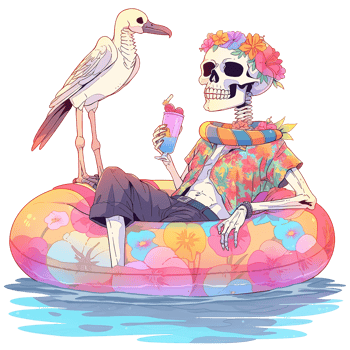 A skeletal figure relaxes on a float with bird and drink png