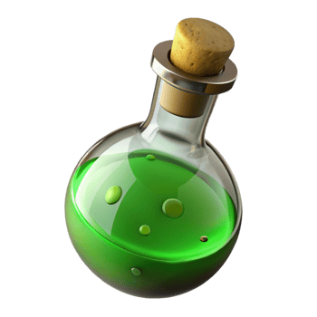 wonderful artistic A single potion bottle, bubbling green liquid, cork stopper high quality png