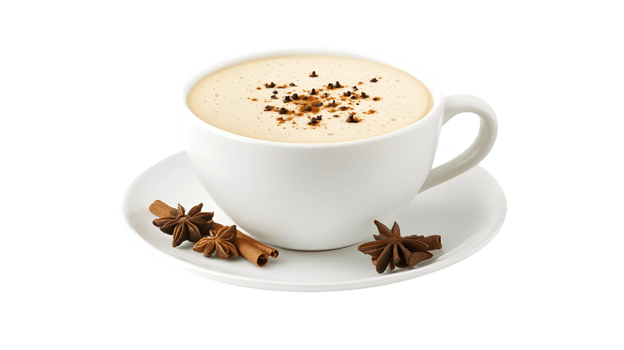 Spiced Hot Drink in White Cup and Saucer with Star Anise and Cinnamon Sticks png