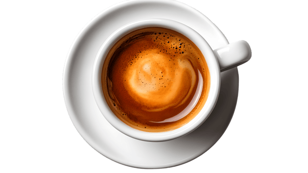 TopDown View of a Freshly Brewed Espresso in a White Ceramic Cup with Saucer png