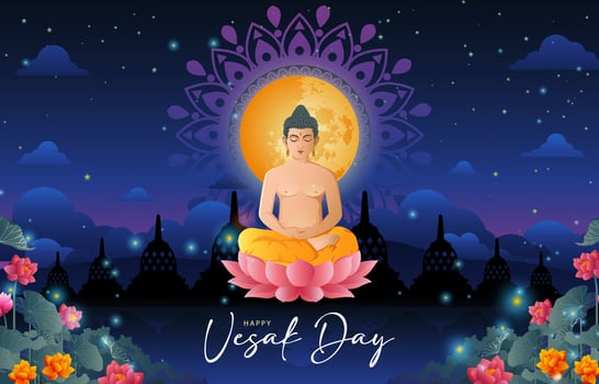 happy vesak day illustration with lord budha meditation in the night and lake background vector