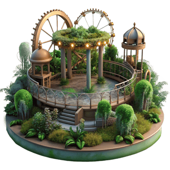 vibrant traditional Abandoned amusement park overgrown with vegetation, eerie lighting, dystopian style professional png