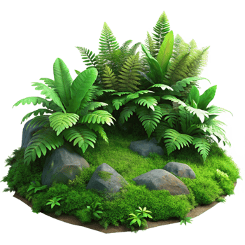 beautiful modern A lush green forest floor covered in moss and ferns, dappled sunlight, realistic render style original png
