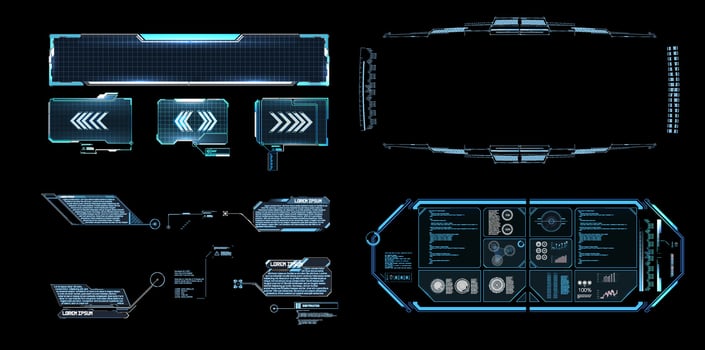 Futuristic user interface elements displaying data analytics and navigation tools in a sleek digital design. vector
