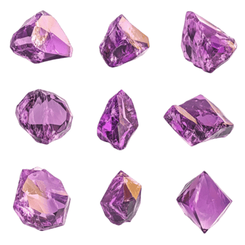 Amethyst gemstones collection purple mineral crystals set isolated on transparent background png