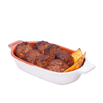 Delicious Homemade Meatballs Served with Roasted Sweet Potato Fries in a White Ceramic Dish png