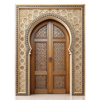 Ornate Wooden Doors with Intricate Archway and Decorative Frame png