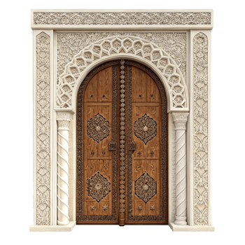 Ornate Wooden Doors with Intricate Carving in an Archway with Stone Pillars png