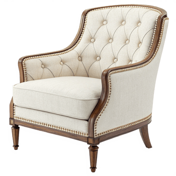 Elegant Beige Upholstered Armchair with Dark Wood Frame and Nailhead Trim png