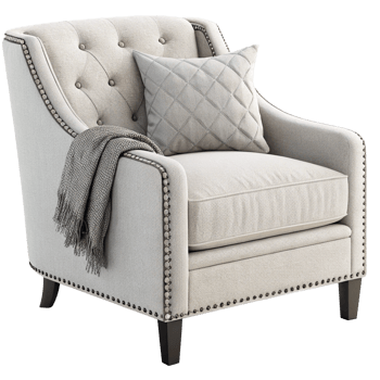 Elegant Light Beige Upholstered Armchair with Nailhead Trim and Throw Blanket png