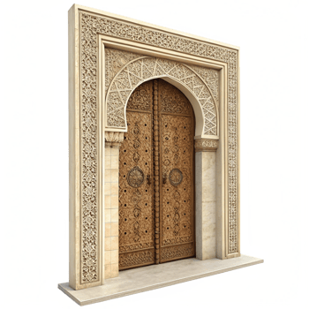 Ornate Carved Stone Archway with Intricate Wooden Doors png