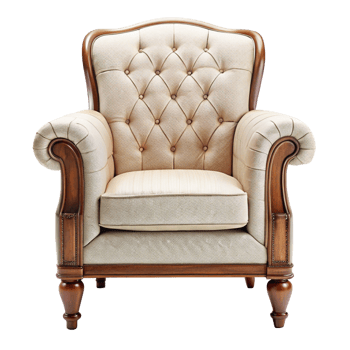Elegant Beige Upholstered Armchair with Wooden Frame and Turned Legs png