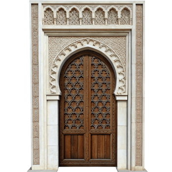 Ornate Wooden Doorway with Intricate Stone Carving in a Moorish Architectural Style png
