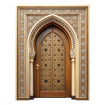 Ornate Wooden Door with Intricate Islamic Arch and Carving png