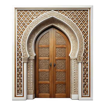 Ornate Wooden Double Doors with Intricate Archway and Arabesque Design png